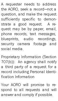 Text Box: A requester needs to address the AORO, seek a recordnot a question, and make the request sufficiently specific to demonstrate a good request.  A request may be by paper, email, phone records, text messages, blueprints, audio recordings, security camera footage and social media.Proprietary Information (Section 707(b)):  An agency shall notify a third party of a request for a record including Personal Identification InformationYour AORO will promise to respond to all requests and will answer and comply if possible.